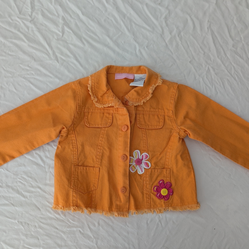 Kids Headquarters Orange Raw Hem Jean Jacket with Floral Patches